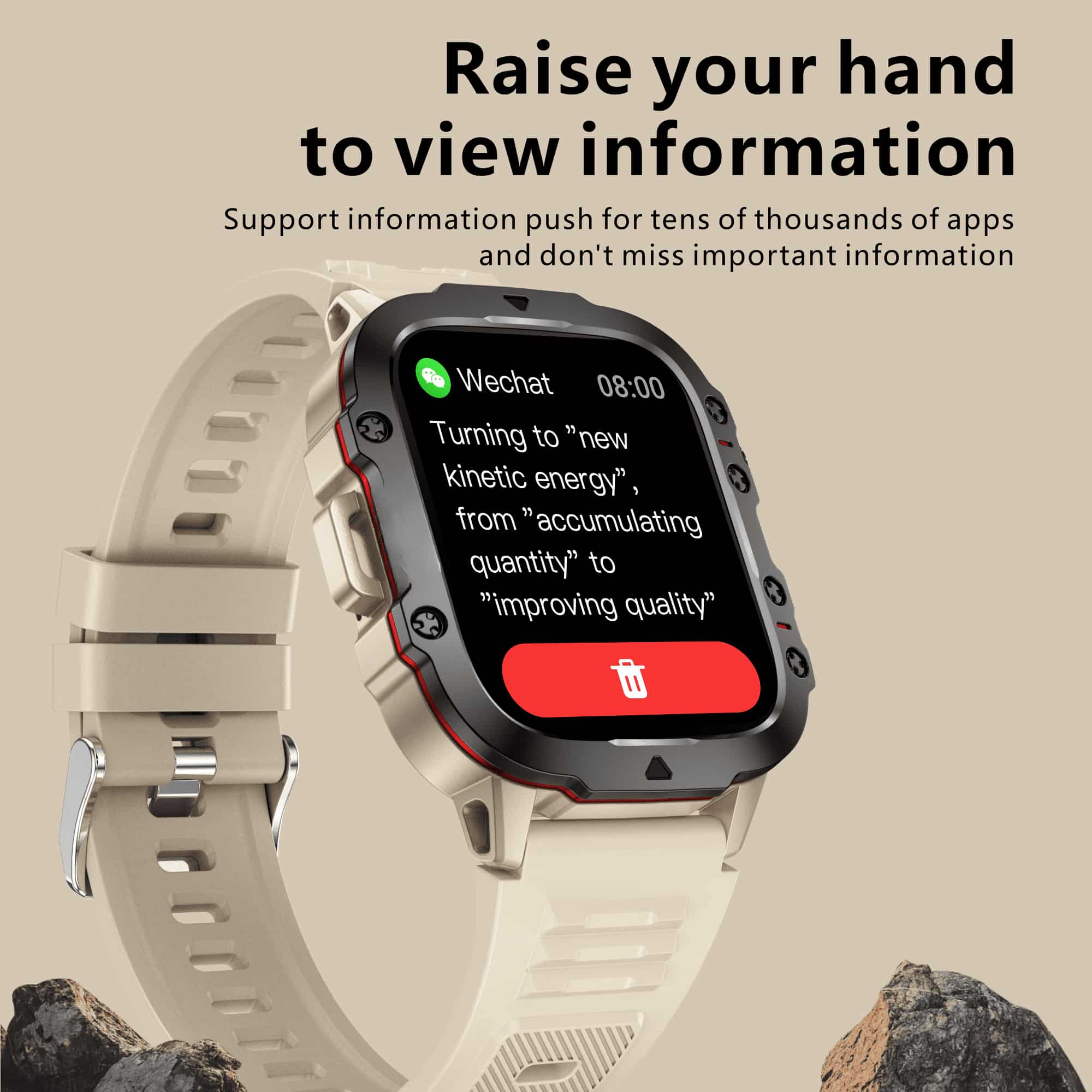 Eine Smartwatch zeigt eine Wechat-Benachrichtigung. Die Uhr liegt auf einer hellen Oberfläche mit Steinen.