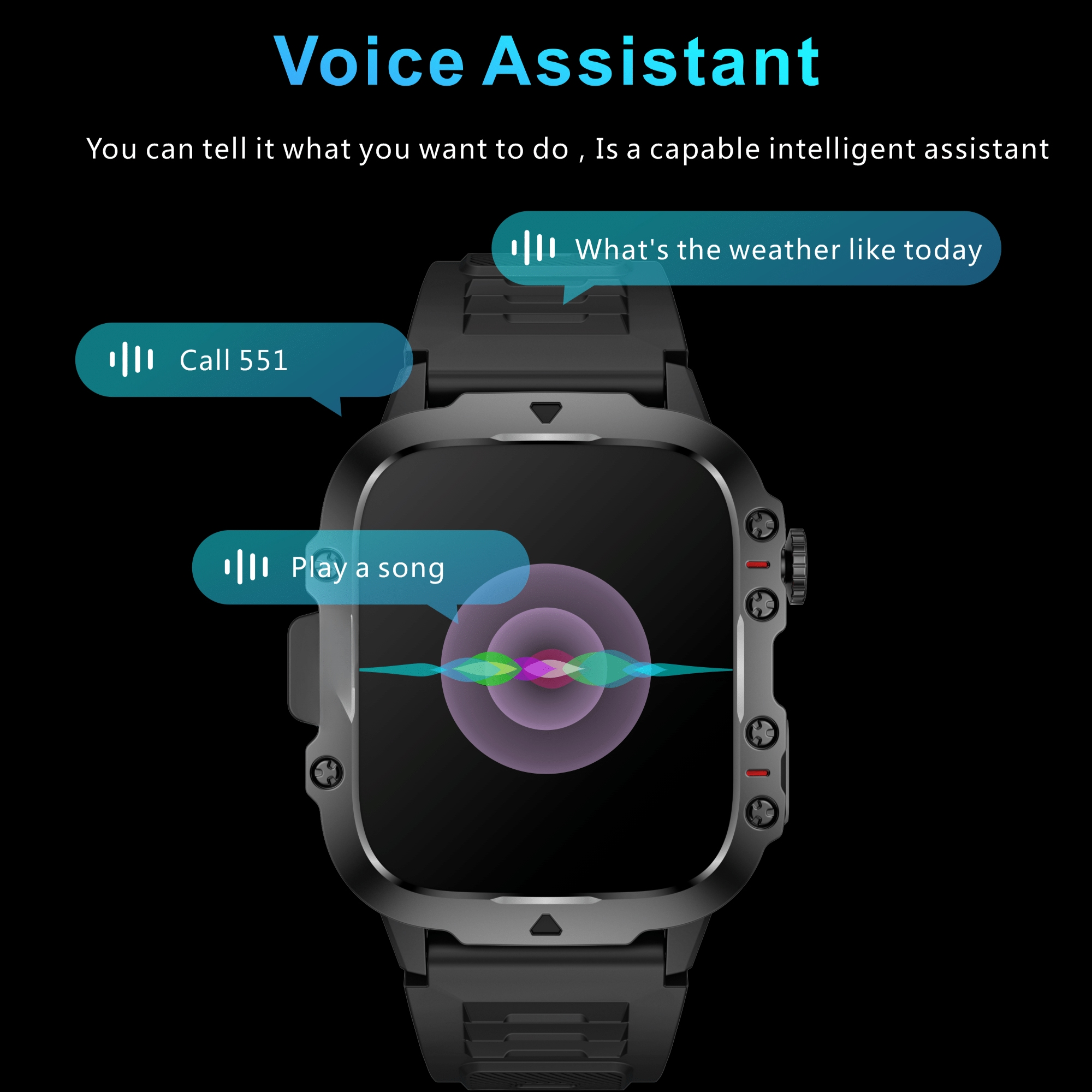 Eine Smartwatch mit schwarzem Bildschirm, der Optionen des Sprachassistenten anzeigt: Anruf, Song abspielen, Wetter.