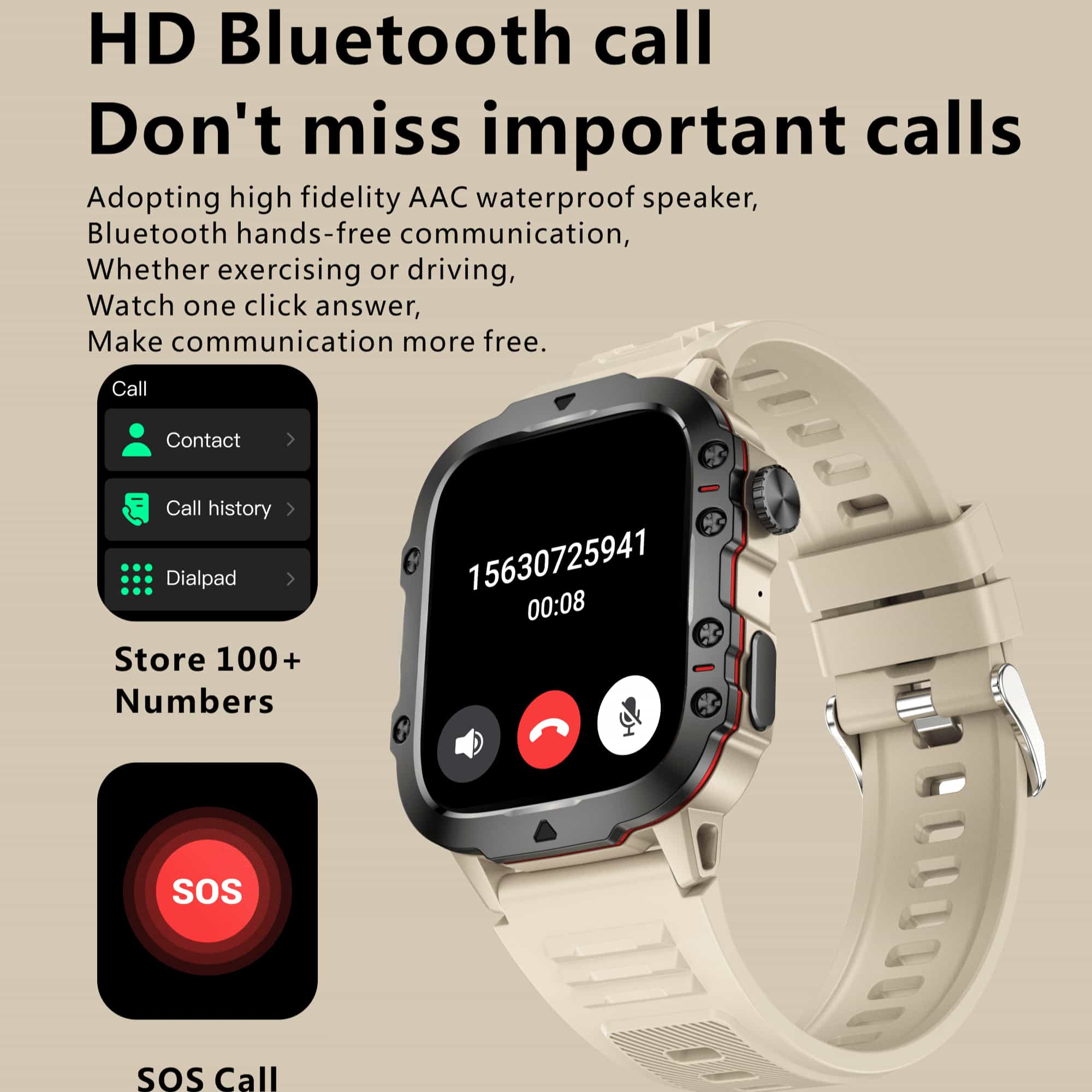 Smartwatch mit beigem Armband, die einen Anrufbildschirm mit Nummer und Symbolen zeigt.