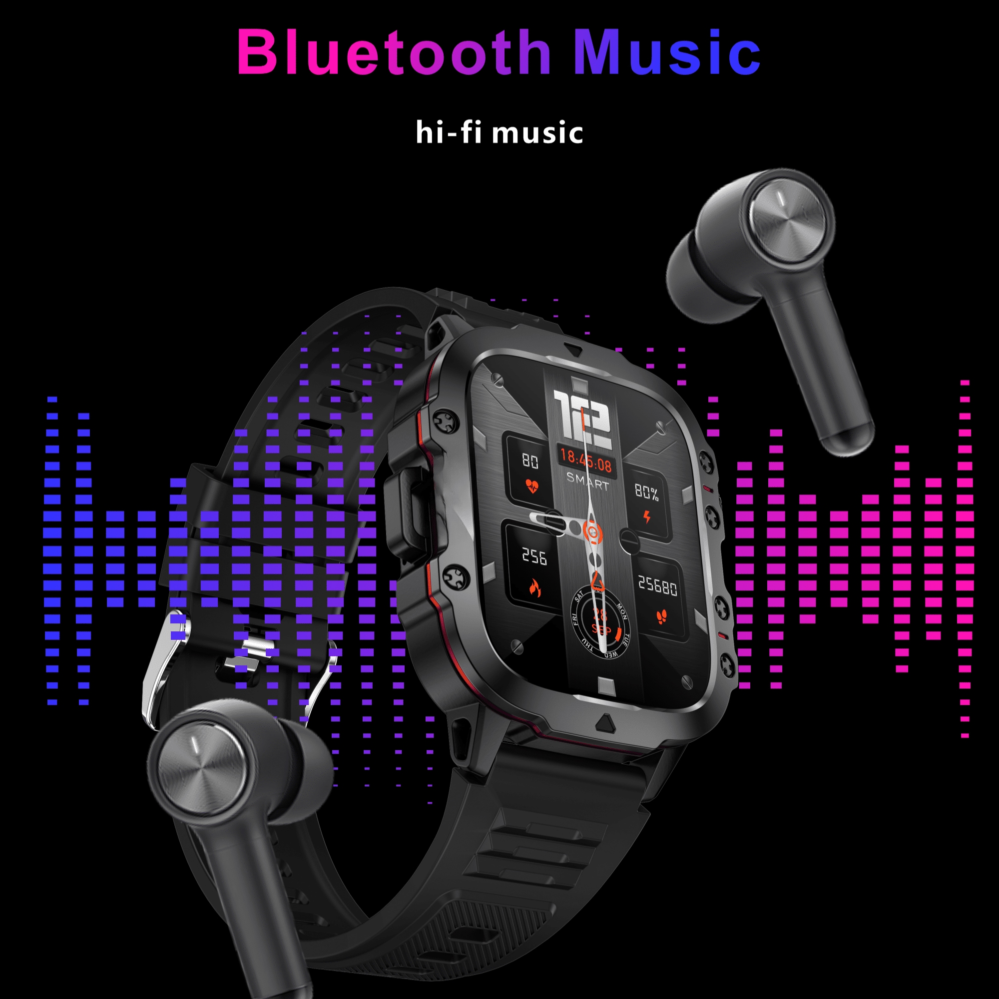 Smartwatch mit Ohrhörern. Schwarze Uhr mit Bildschirm, zwei schwarzen Ohrhörern und farbenfrohem Hintergrund.