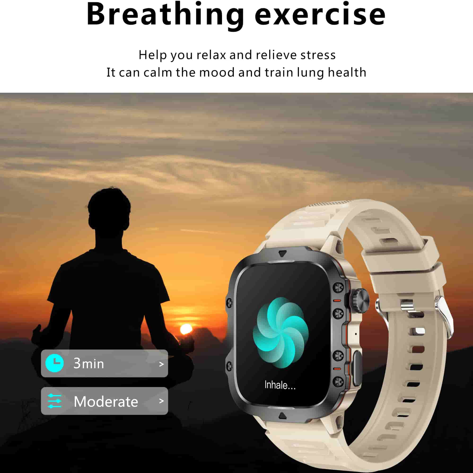Mann meditiert im Hintergrund, Smartwatch zeigt Atemübungsanweisungen.