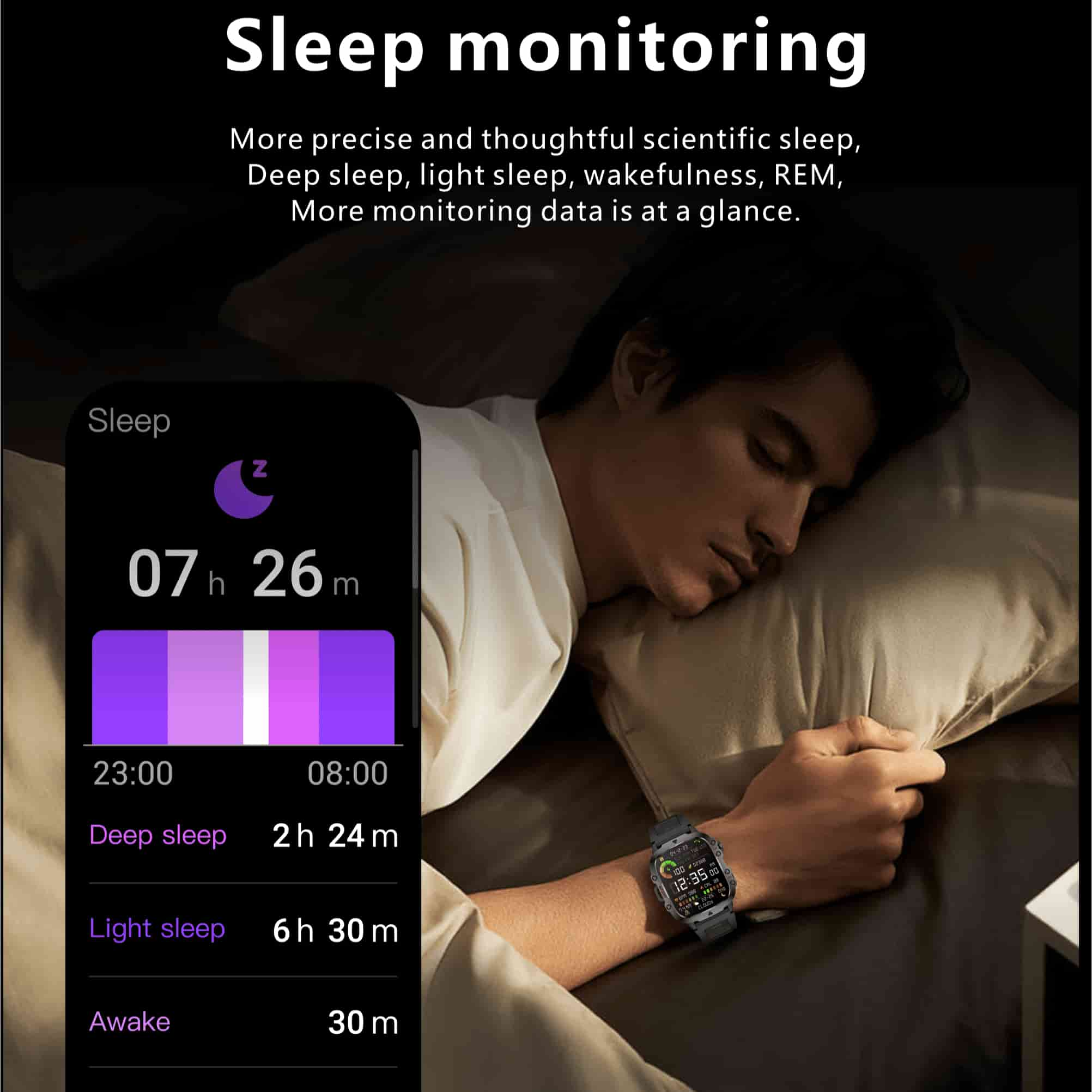 Ein Mann im Bett, der eine Smartwatch trägt. Die Uhr zeigt Schlafdaten und ein Schlafgrafik.