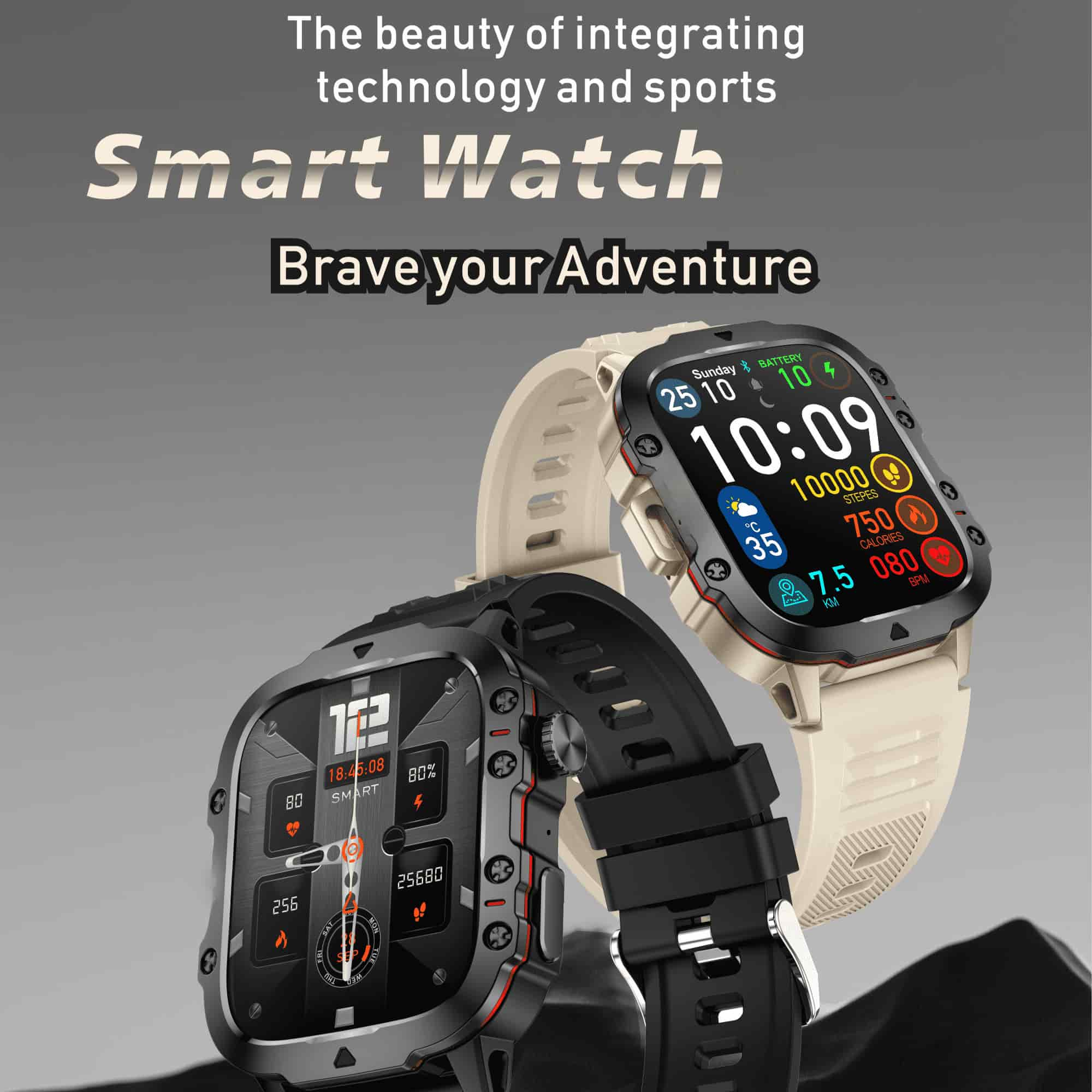 Smartwatches mit Text: 'Smart Watch' und 'Brave your Adventure'.