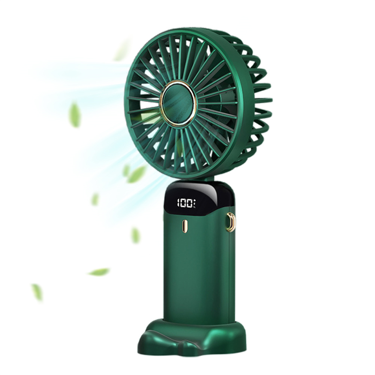 Grüner tragbarer Ventilator. Flügel und Basis sind grün, goldener Besatz. Digitalanzeige zeigt 100.