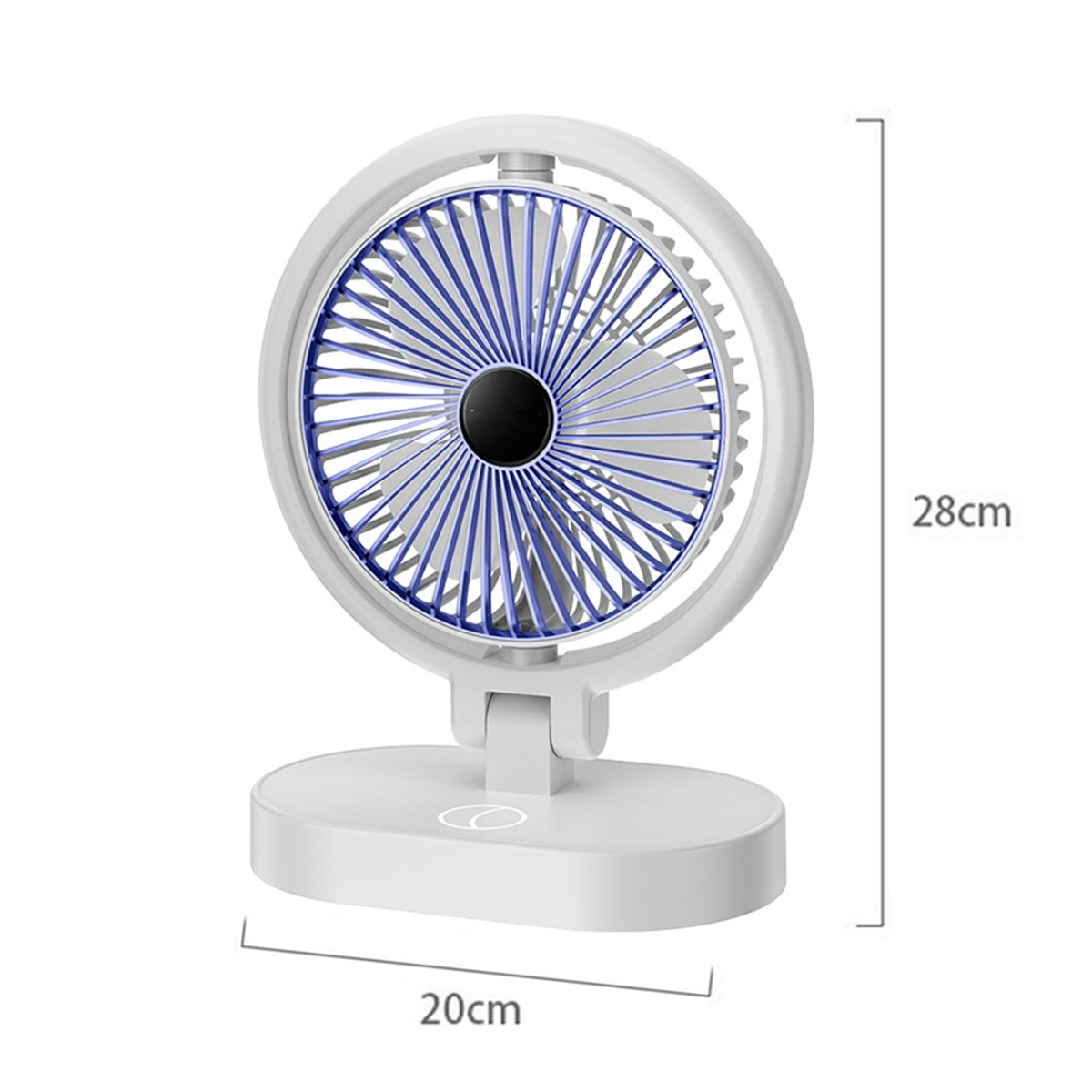 Weißer Ventilator mit blauen Flügeln auf weißem Sockel, Abmessungen sind angegeben.