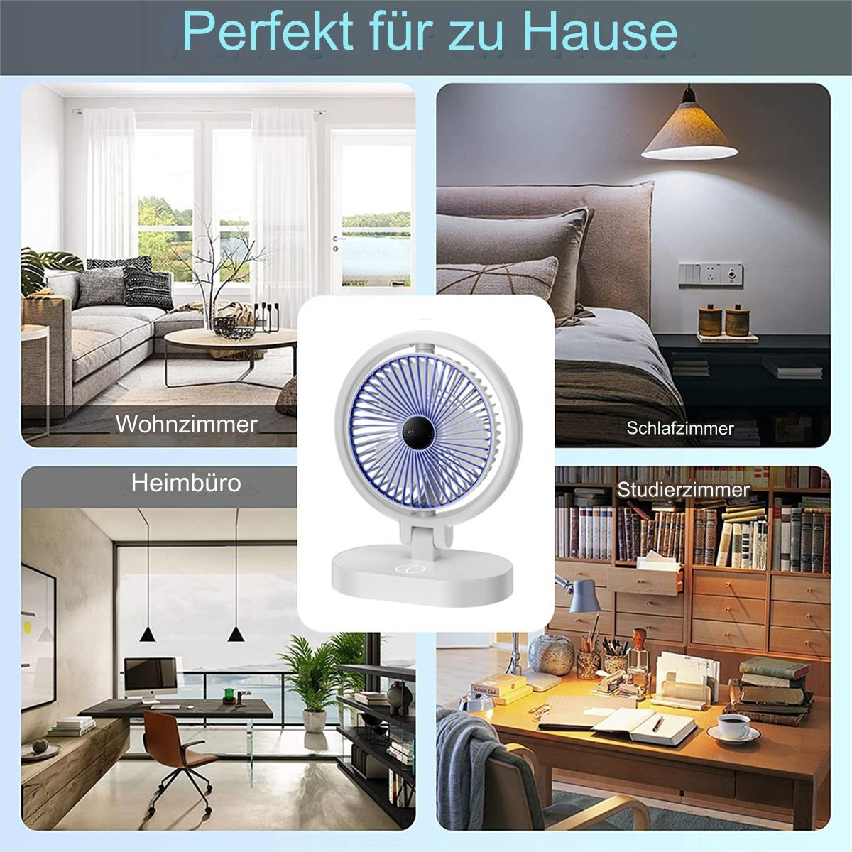 Vier Bilder mit einem Ventilator. Wohnzimmer, Schlafzimmer, Homeoffice und Arbeitszimmer, alle mit Ventilator.