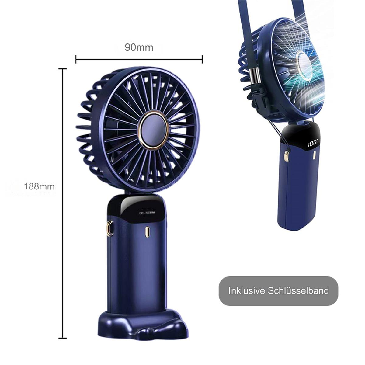 Marineblauer tragbarer Ventilator mit schwarzen Flügeln. Abmessungen und ein kleinerer hängender Ventilator werden gezeigt.