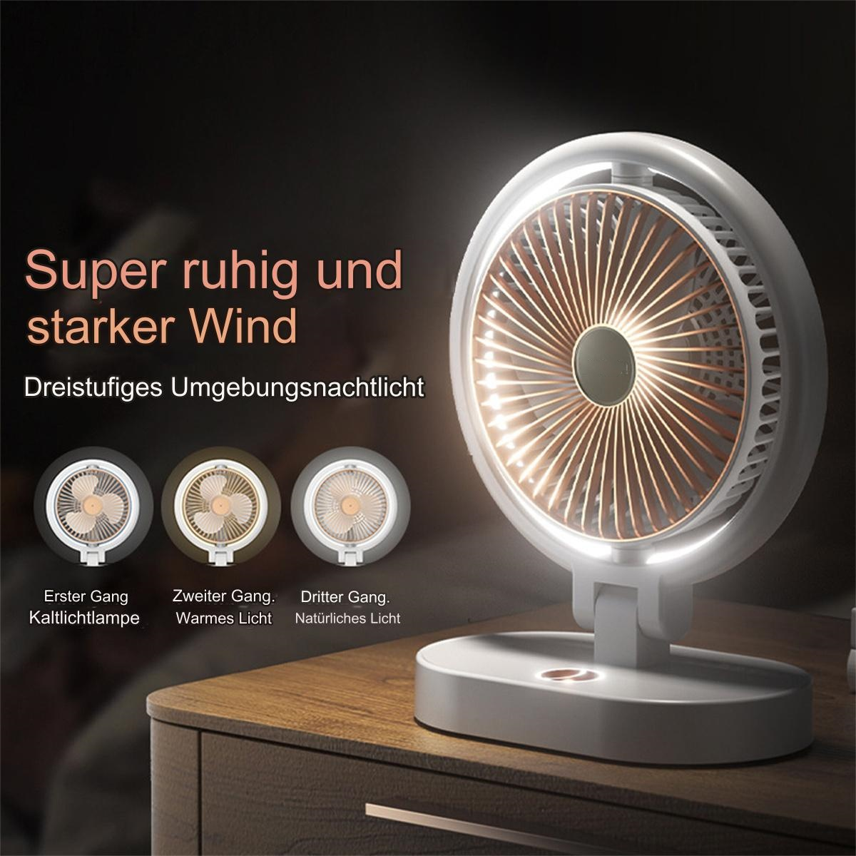 Weiß-grauer Ventilator mit drei Lichteinstellungen auf einem Nachttisch.