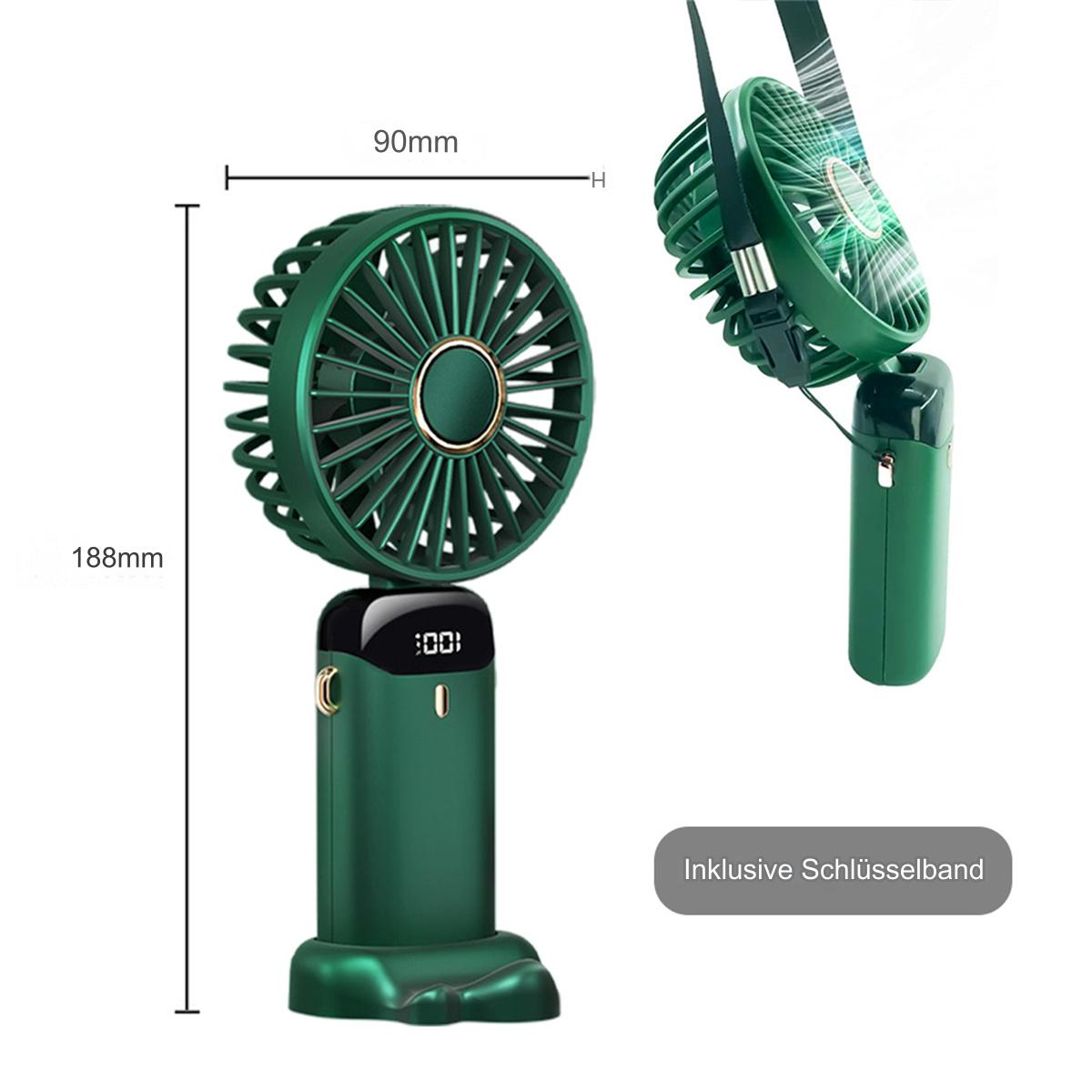 Grüner tragbarer Ventilator mit Display und Abmessungen. Der Ventilator ist grün mit einem Schlüsselband.