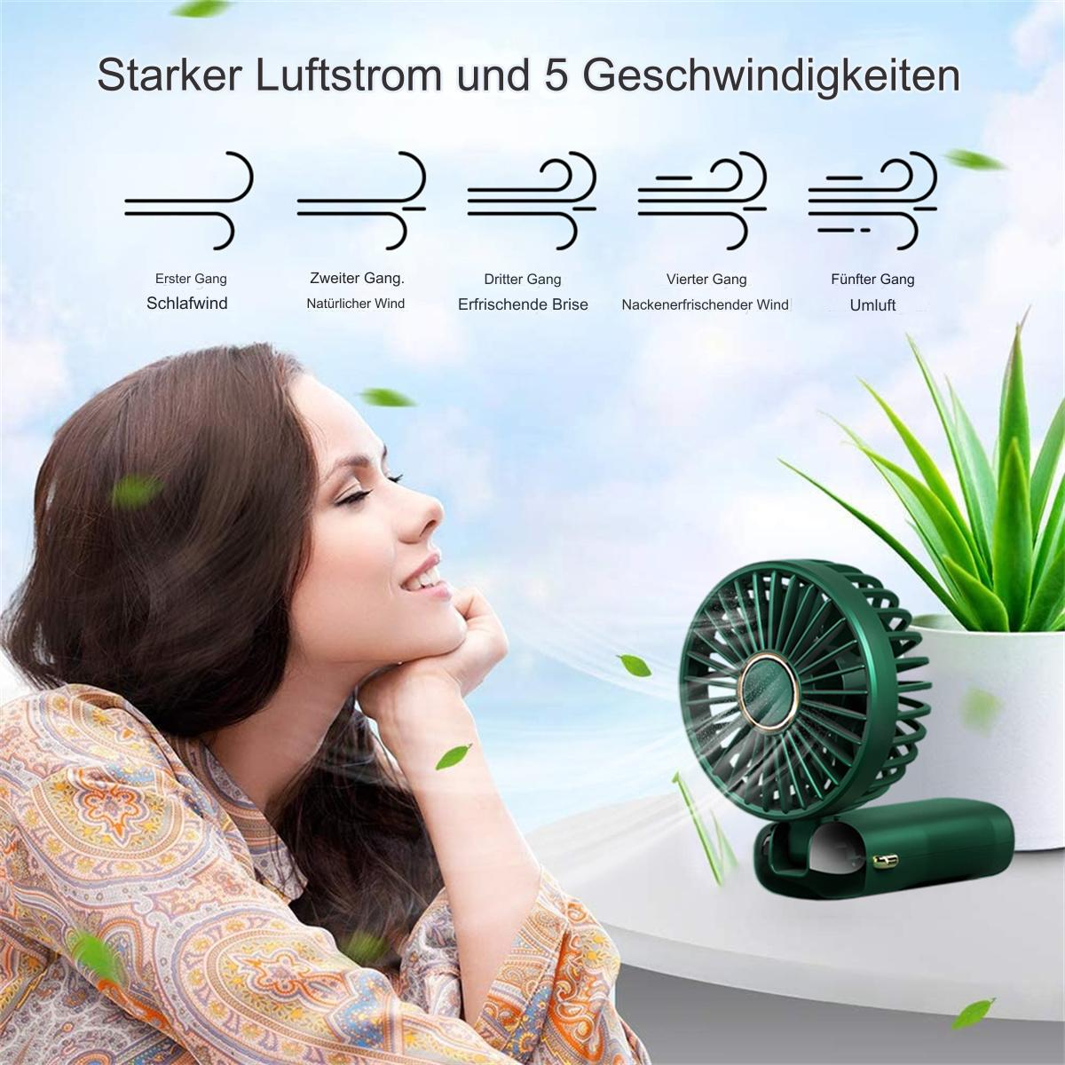 Frau genießt Brise eines kleinen, grünen tragbaren Ventilators, Windillustrationen im Hintergrund.