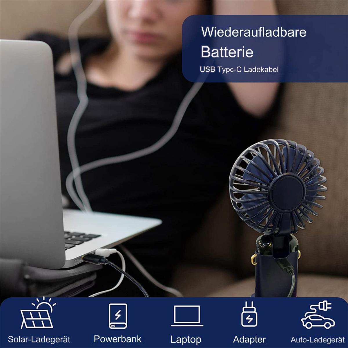 Ein Laptop, der mit einem Mini-Ventilator und anderen Ladegeräten verbunden ist, mit Symbolen.