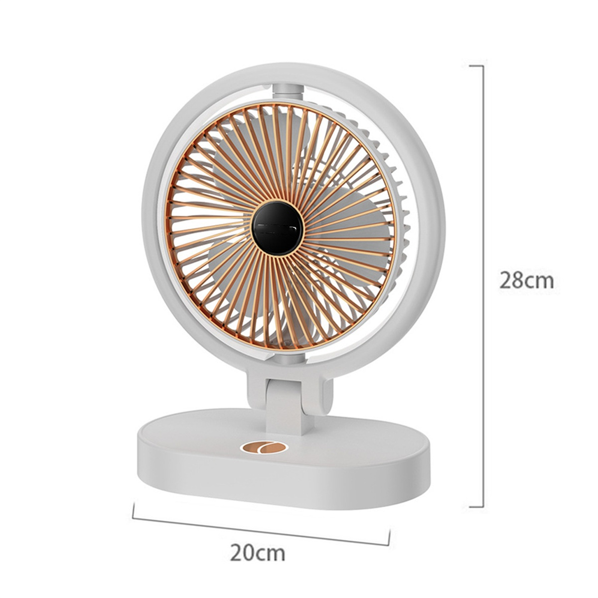 Ein kleiner, weiß-goldener Ventilator mit rundem Kopf. Abmessungen: 20 cm x 28 cm. Er steht auf einem weißen Sockel.