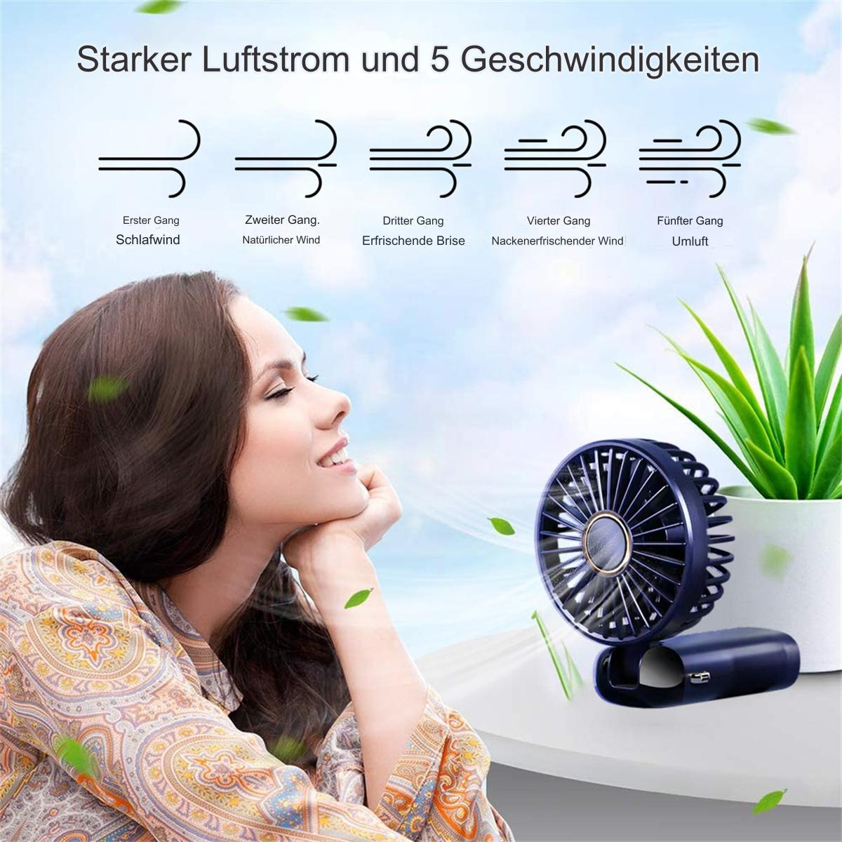 Frau mit Ventilator in der Hand, neben einer Pflanze, mit Windstärke-Symbolen.