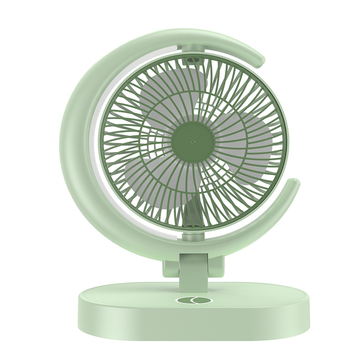 Grüner Ventilator mit kreisförmigem Design und halbmondförmigem Rahmen auf weißer Oberfläche.