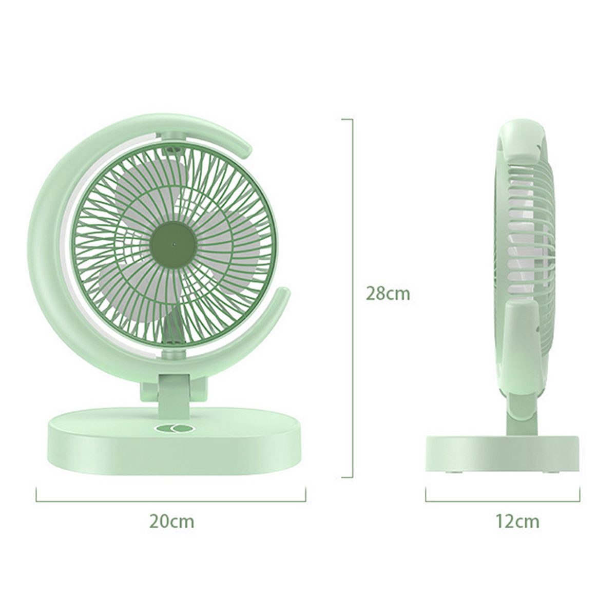 Zwei Ansichten eines mintgrünen Ventilators. Der Ventilator hat ein rundes Design und einen Ständer.
