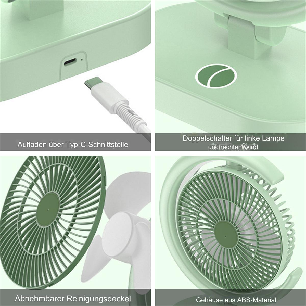 Ein grüner Schreibtischventilator mit Etiketten, die Funktionen und Teile anzeigen.