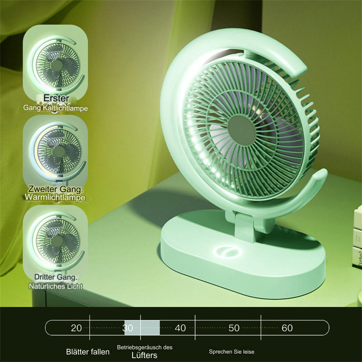 Grüner Ventilator mit Lichtern und Bedienfeld. Weißer Hintergrund.