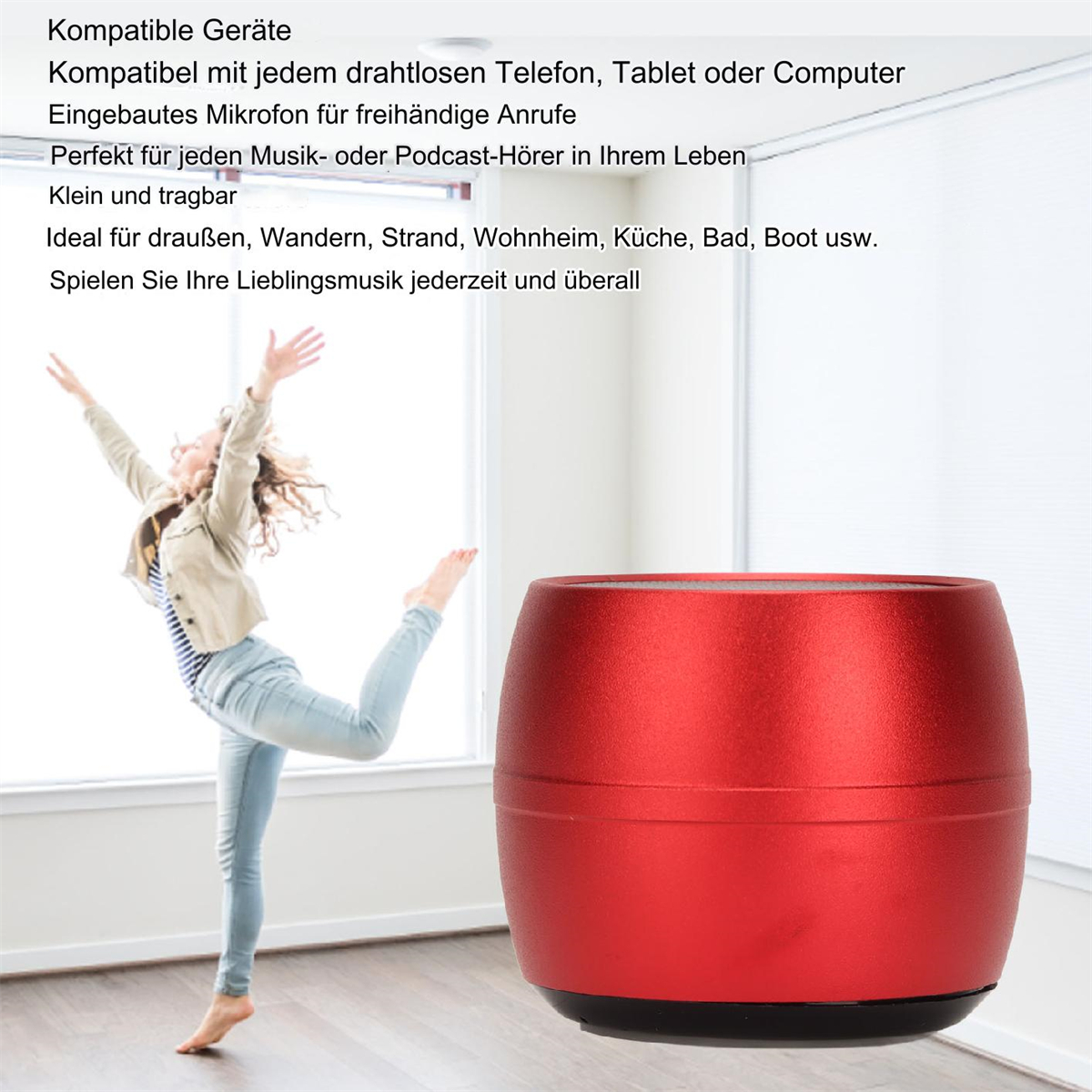 Ein roter tragbarer Lautsprecher mit Text und eine Frau, die daneben tanzt.
