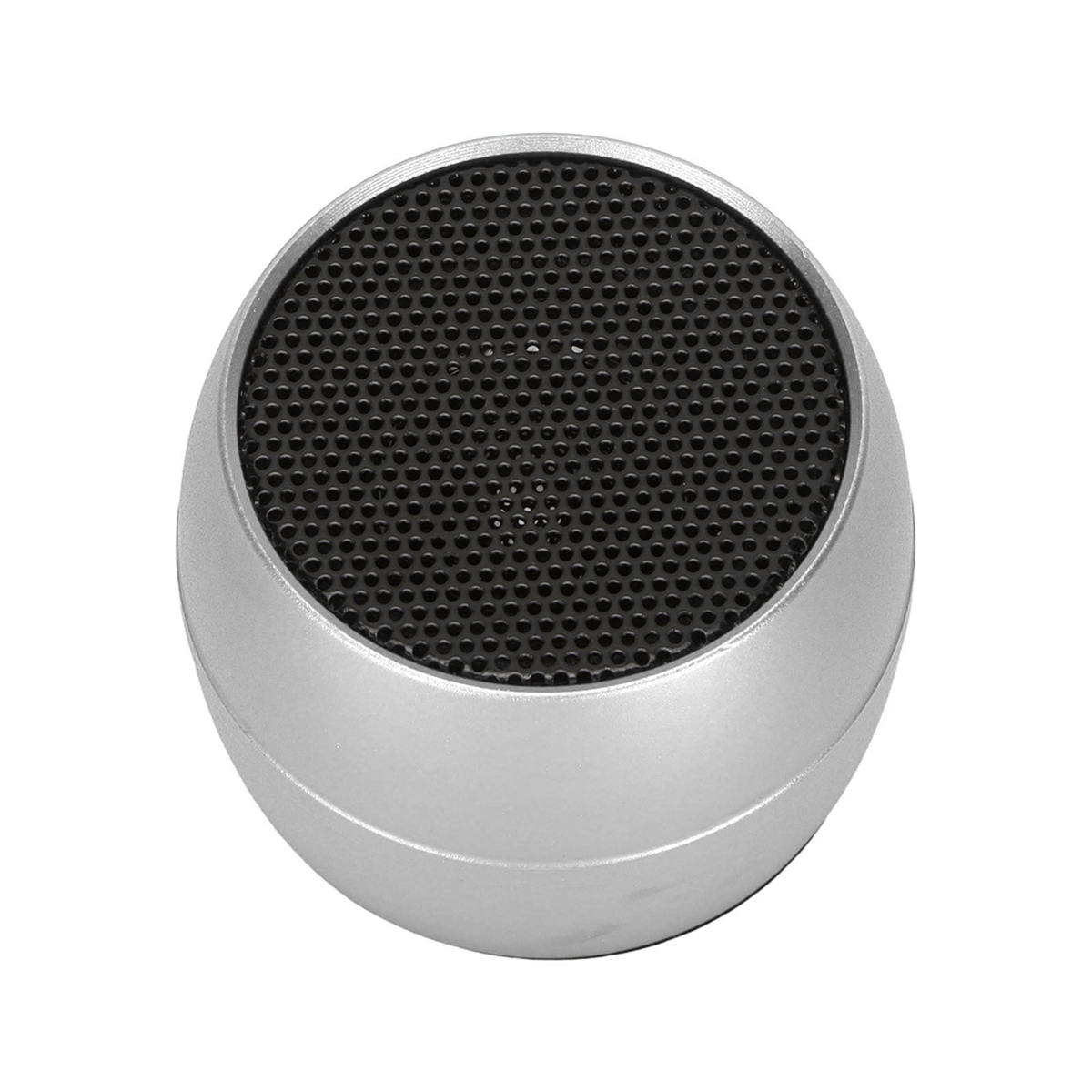 Silberner und schwarzer runder Lautsprecher mit schwarzem Mesh-Cover.