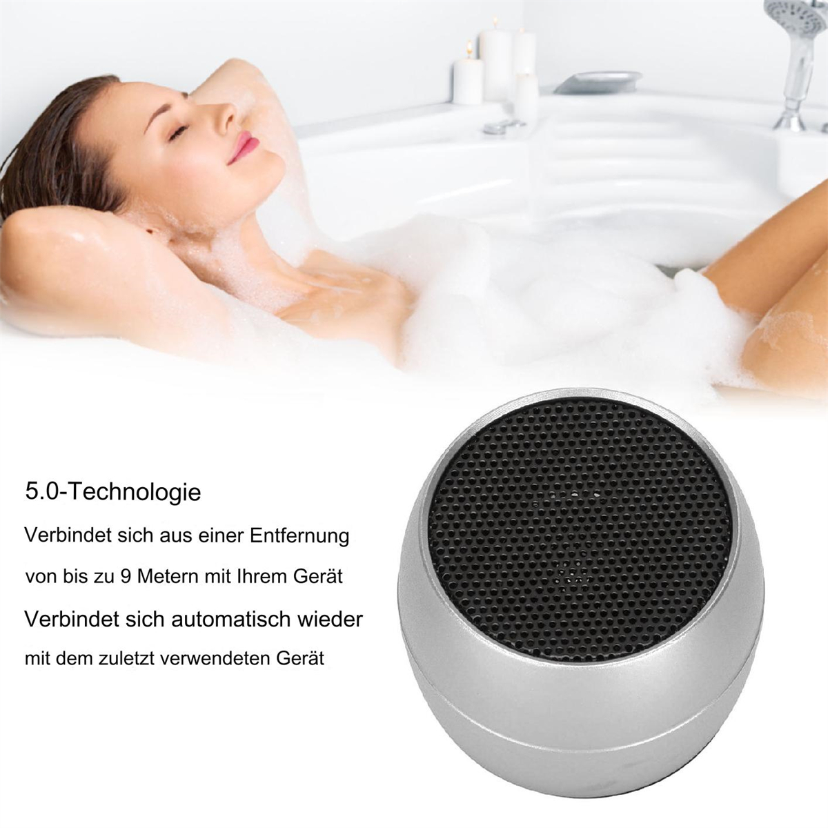 Eine Frau in einer Badewanne mit Blasen, ein Lautsprecher in der Nähe. Text auf Deutsch über 5.0 Technologie.