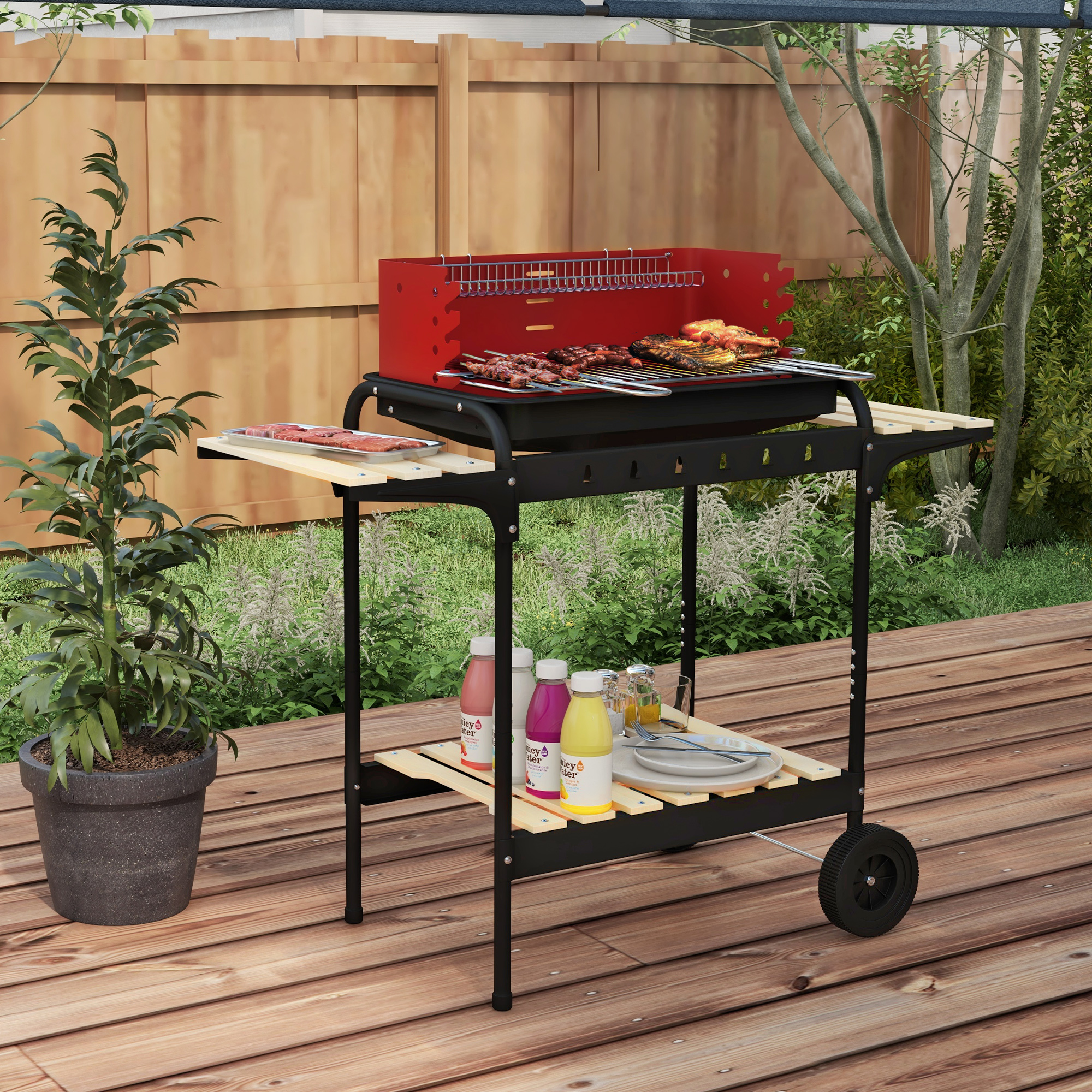 Parrilla roja con comida a la parrilla en una terraza de madera.