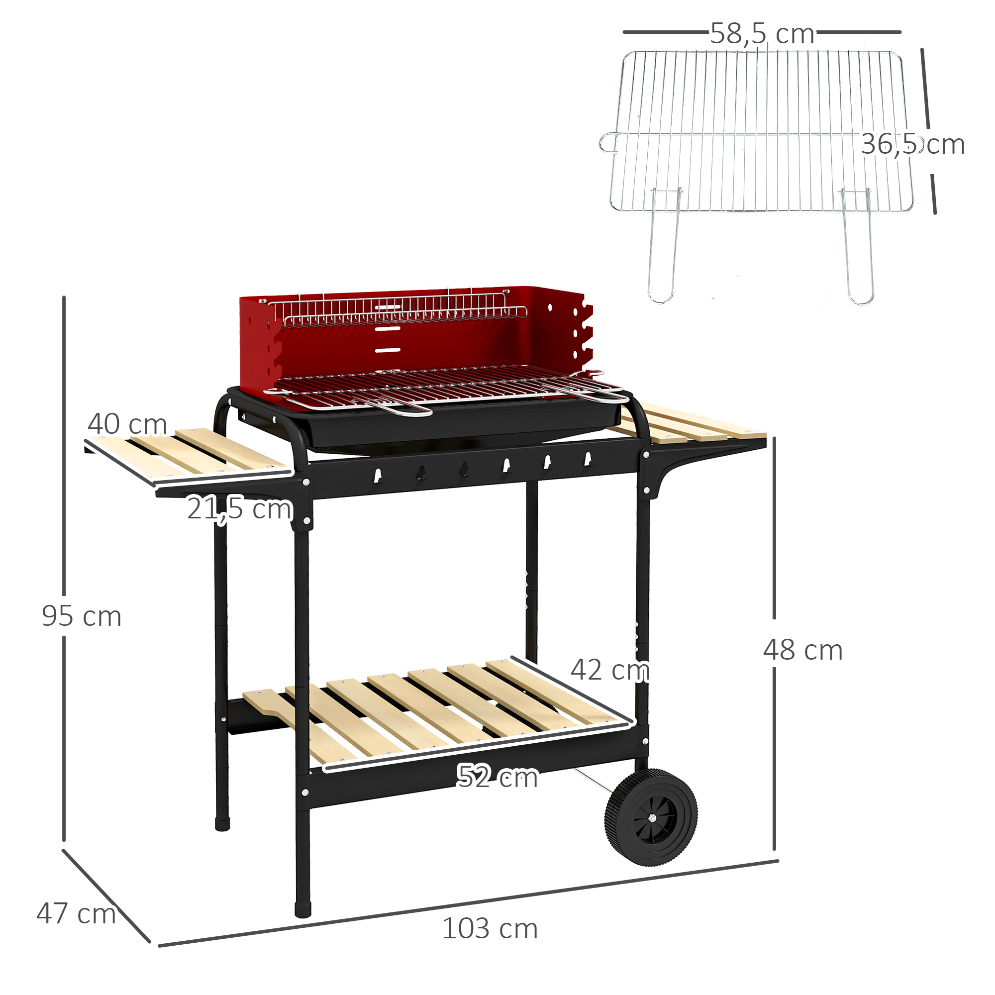 Ein Grill in Rot und Schwarz mit Abmessungen. Enthält ein Regal und ein Rad.