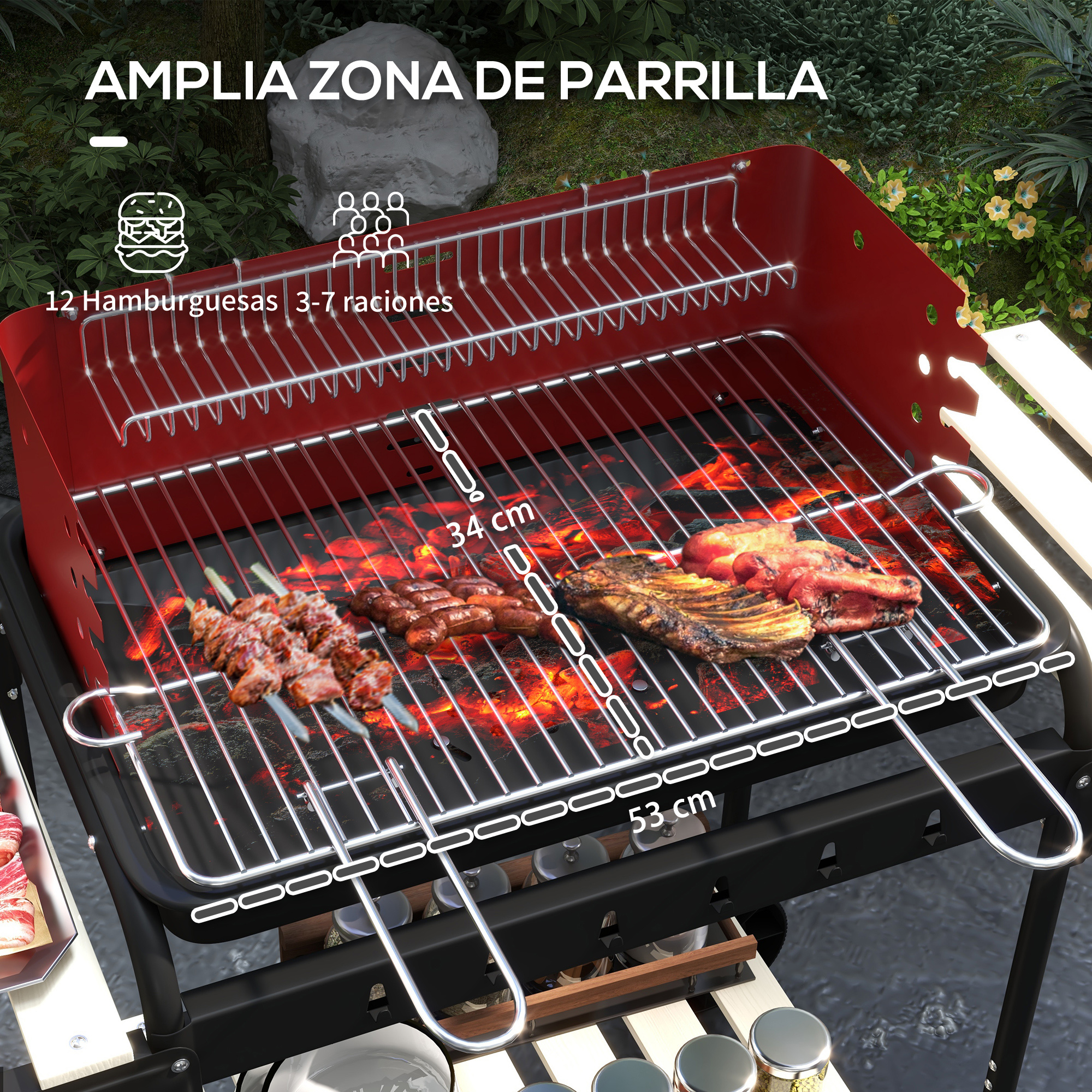 Una parrilla roja con comida cocinándose, sobre una superficie exterior blanca con un fondo escénico.