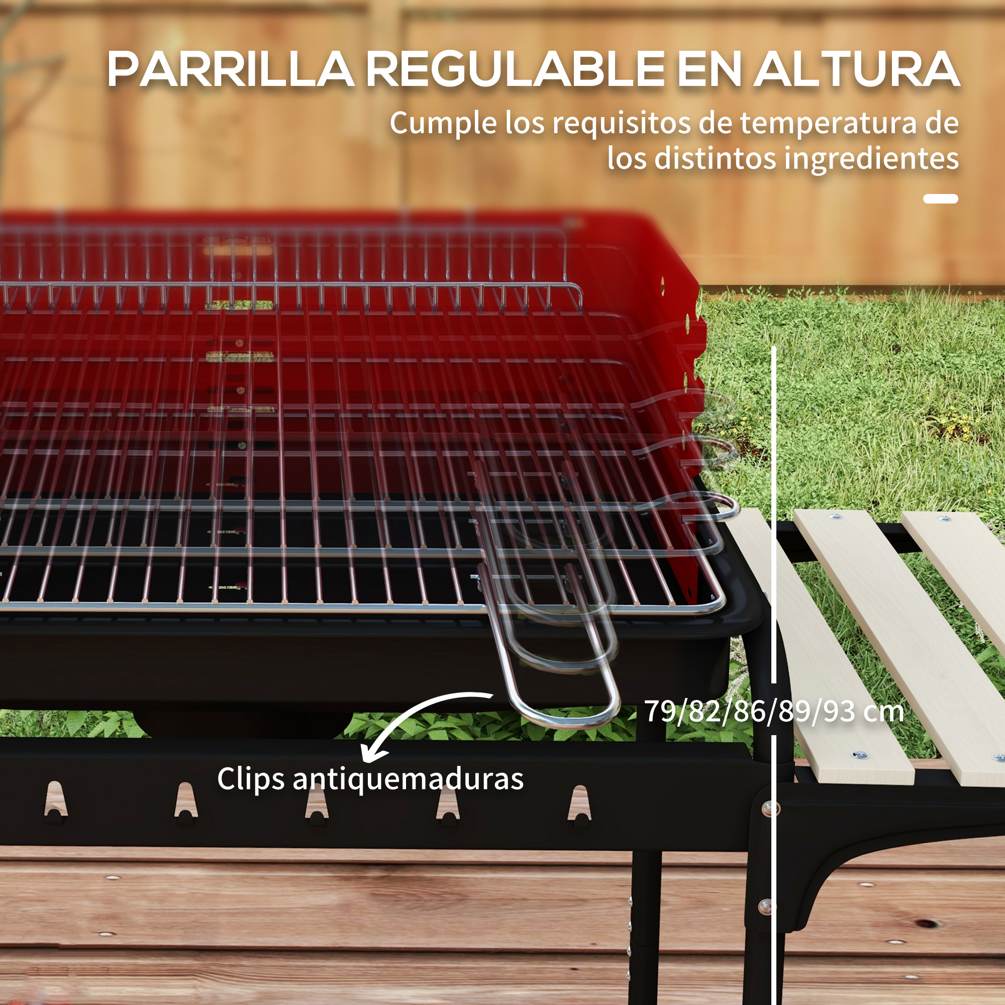 Primer plano de una parrilla con altura ajustable. Clips resistentes al calor y paneles laterales de madera.
