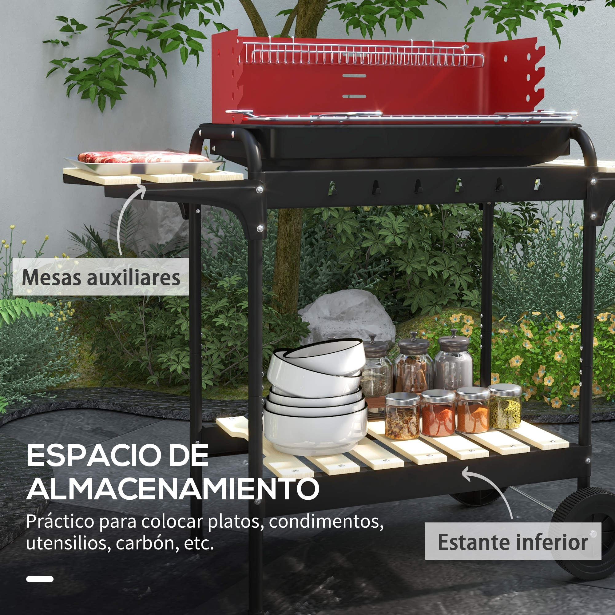 Parrilla exterior sobre ruedas con estantes. Se muestran alimentos, platos y especias.
