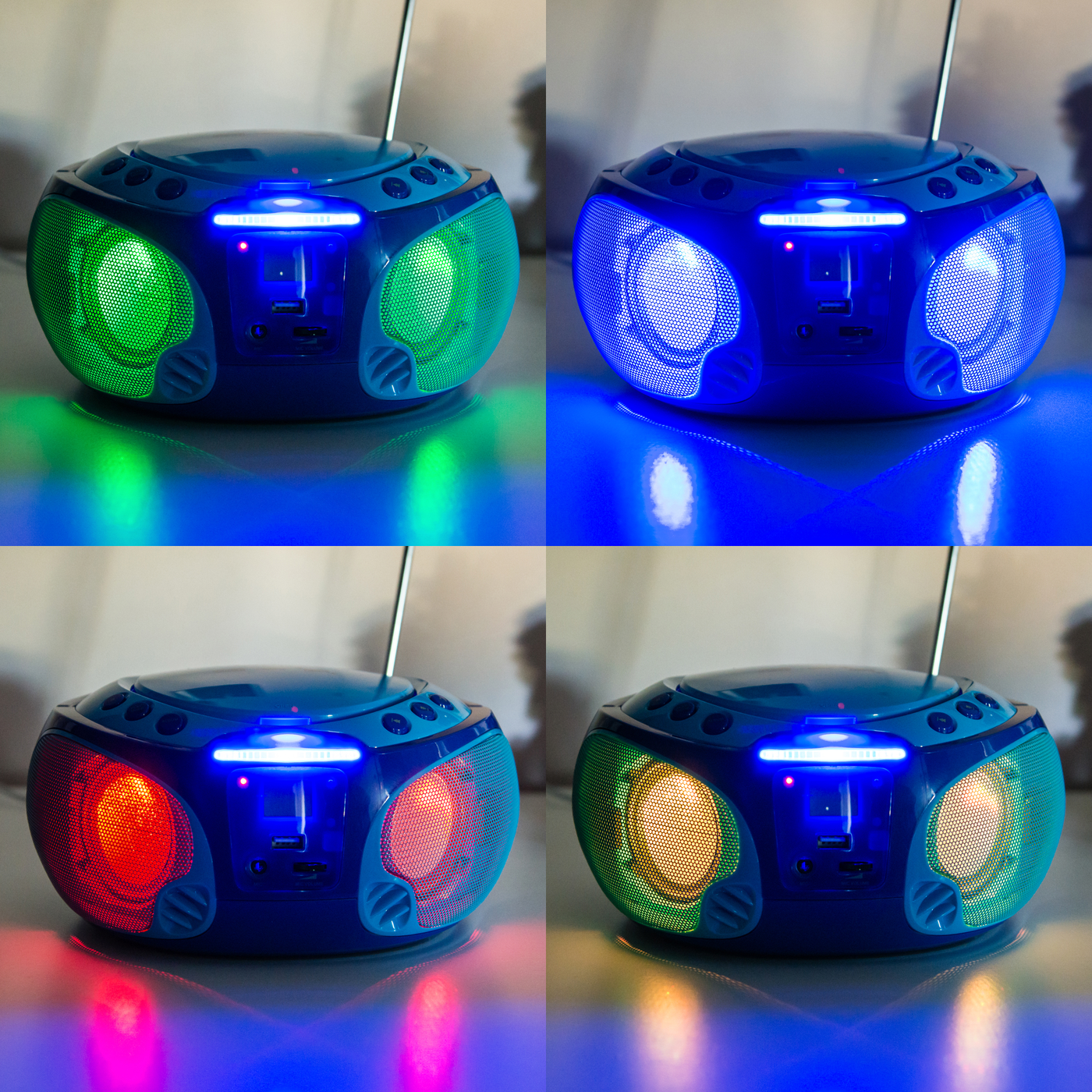 Blaue Boombox mit mehreren Lichteinstellungen, mit Lautsprechern und Bedienelementen.