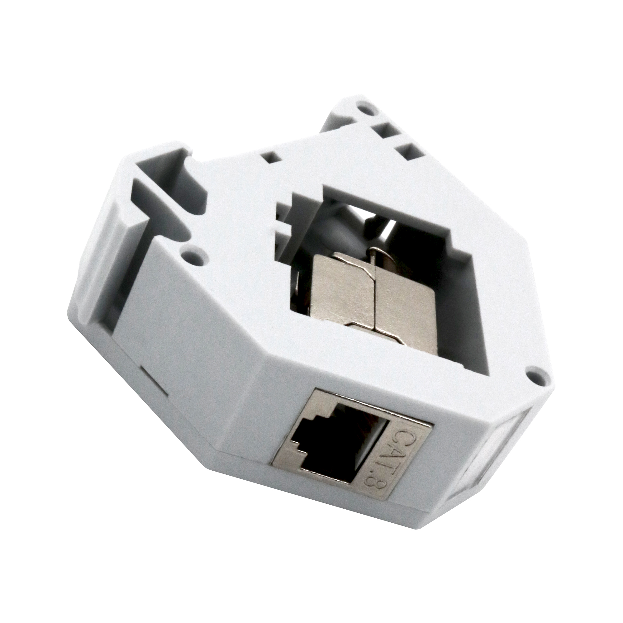 Ein weißer Netzwerkanschluss mit silbernem Innenraum. Er hat einen Ethernet-Anschluss mit der Bezeichnung CAT.8.
