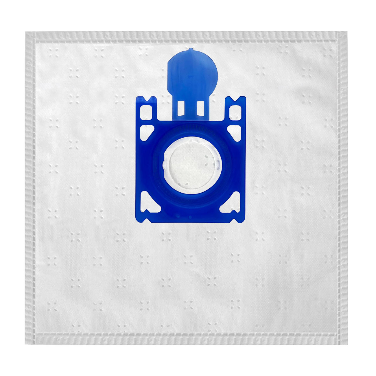 Weißer Staubsaugerbeutel mit blauem Kunststoffhalter.