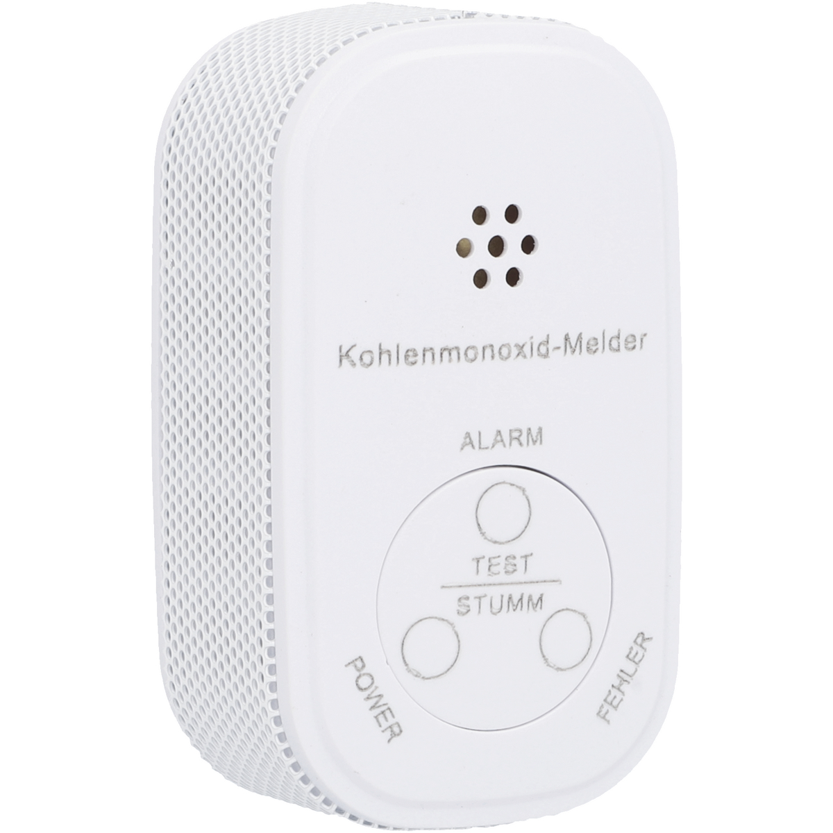 Weißer Kohlenmonoxidmelder mit Alarm-, Test- und Fehleranzeige.