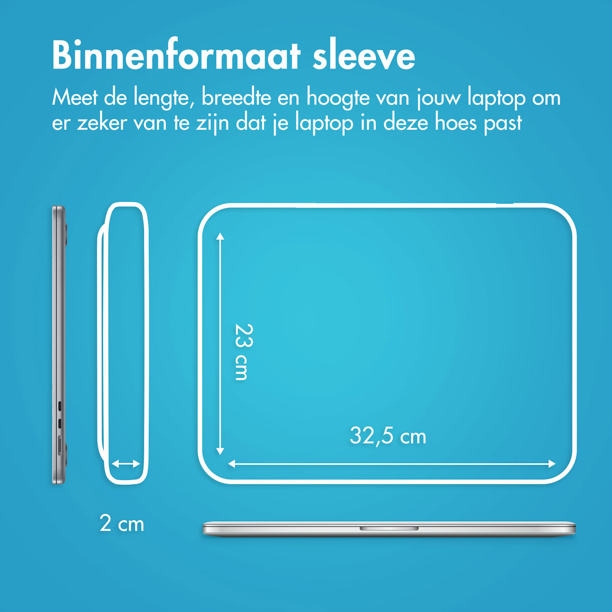 Diagram showing dimensions for a laptop sleeve: 23cm x 32.5cm x 2cm.