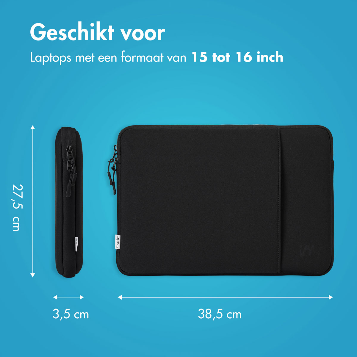 Black laptop sleeve with dimensions. Displays measurements on a blue backdrop.