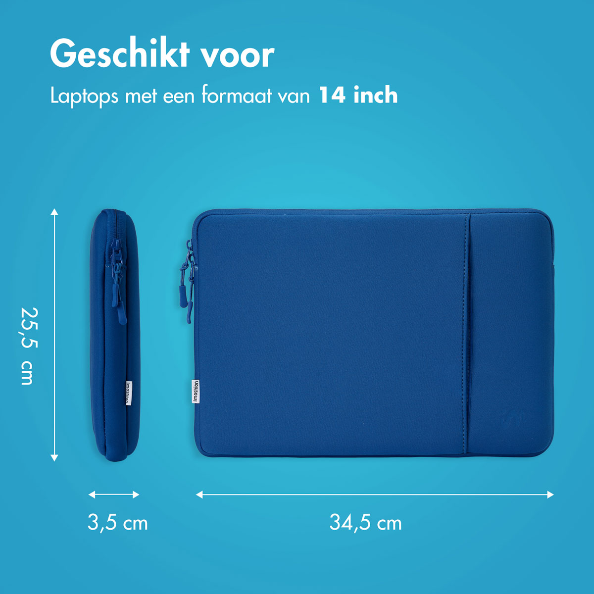 Blue laptop sleeve with dimensions. Side view shows thickness. Text indicates it's for 14-inch laptops.