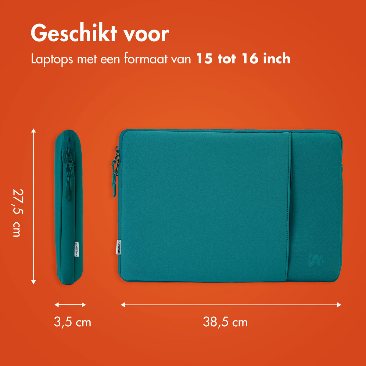 Teal laptop sleeve, side and front views, dimensions in cm, suitable for 15-16 inch laptops.