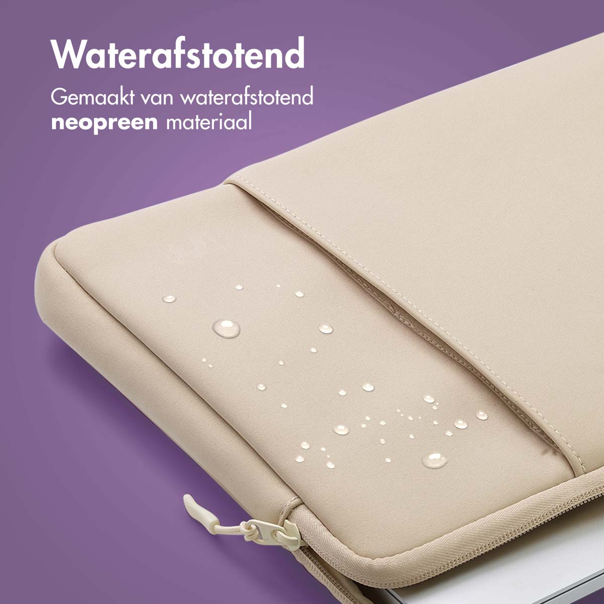Beige laptop sleeve with water droplets, a zipper, and text on a purple background.