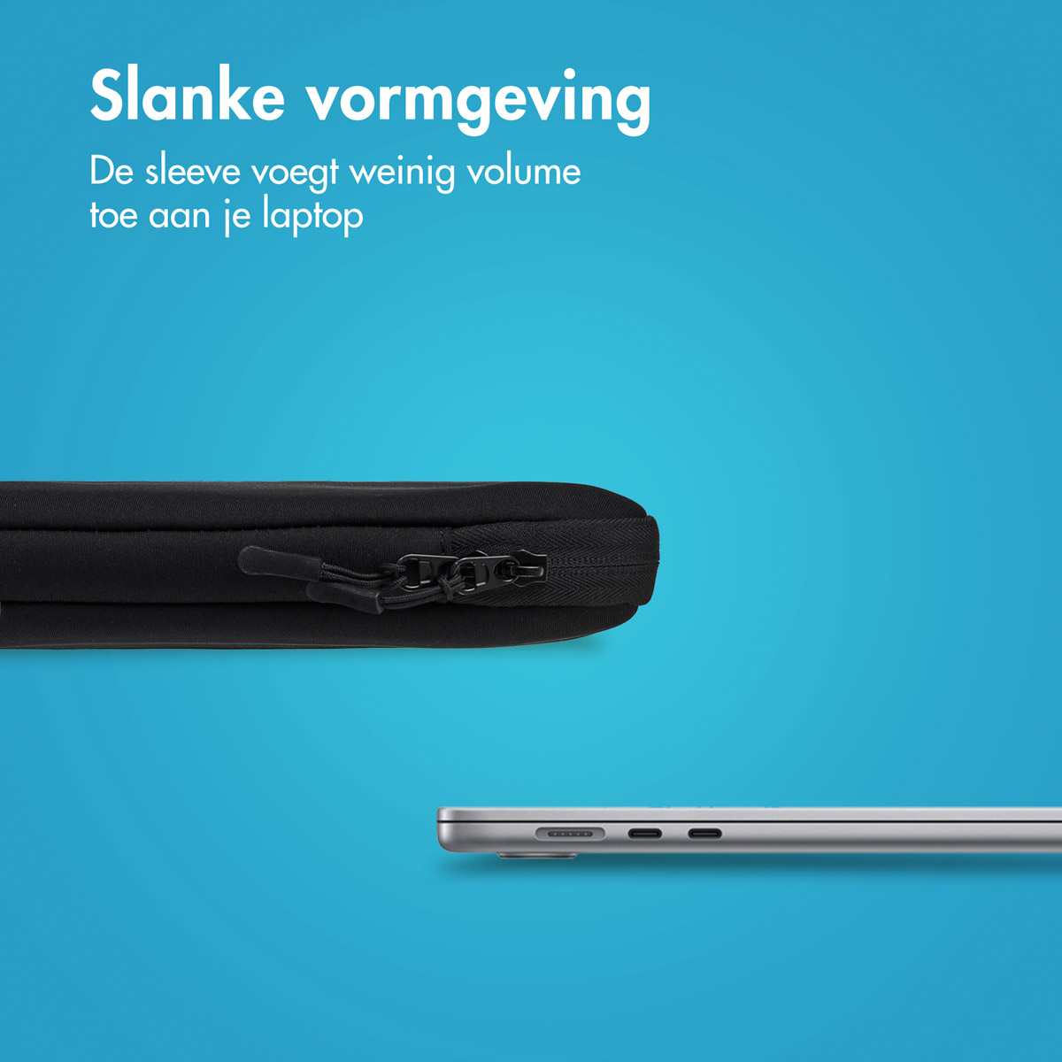 Laptop sleeve with a zipper. Blue background. Text in Dutch.
