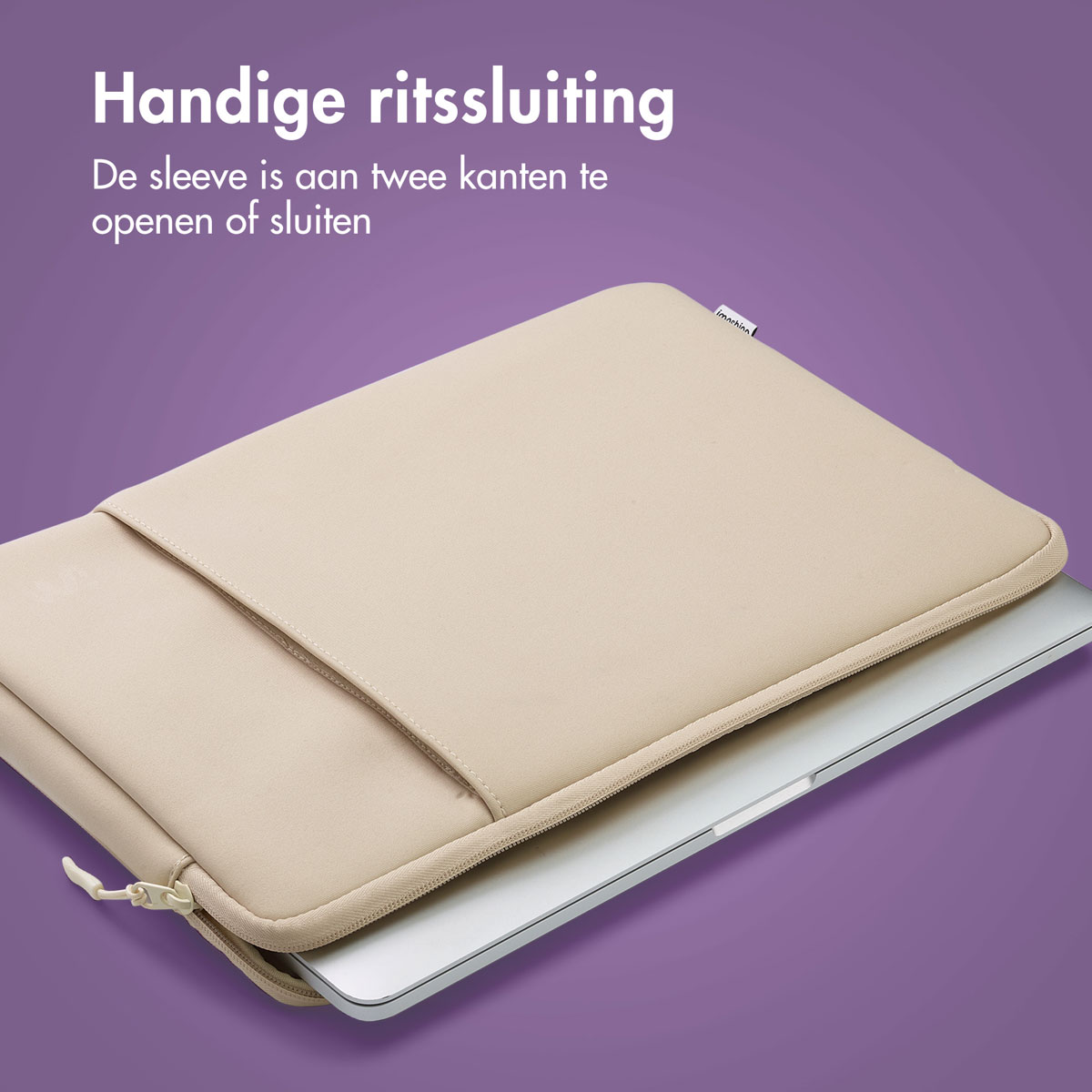 A beige laptop sleeve open, with a laptop inside. The sleeve has a zipper.