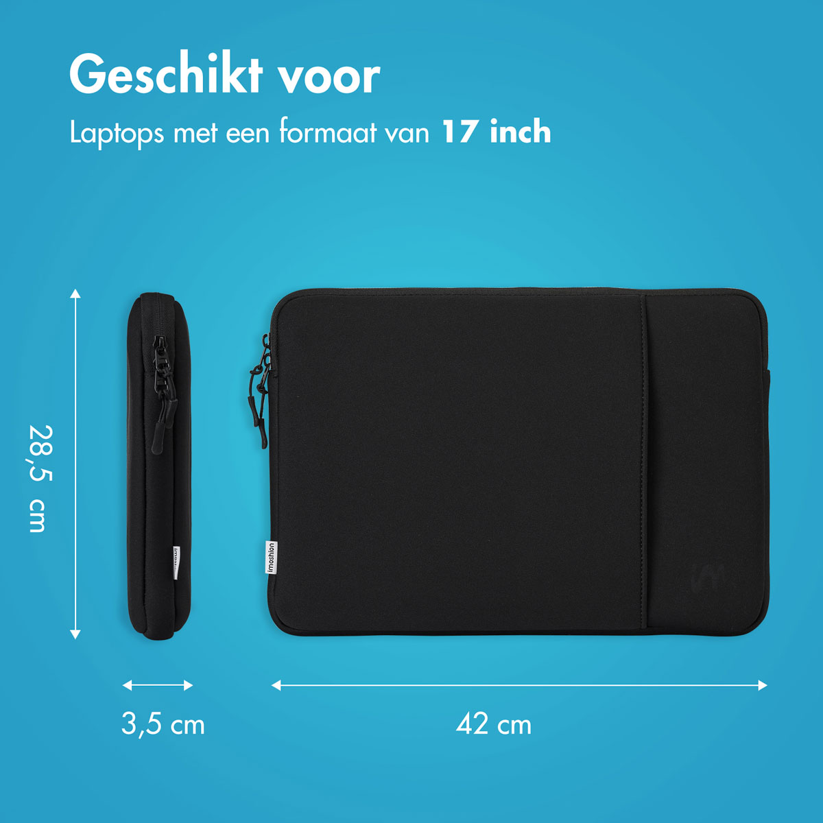 Black laptop sleeve with dimensions, suitable for 17 inch laptops, measurements shown.