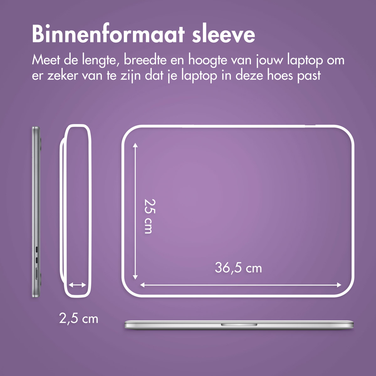A diagram showing the dimensions of a laptop and a laptop sleeve, on a purple background.