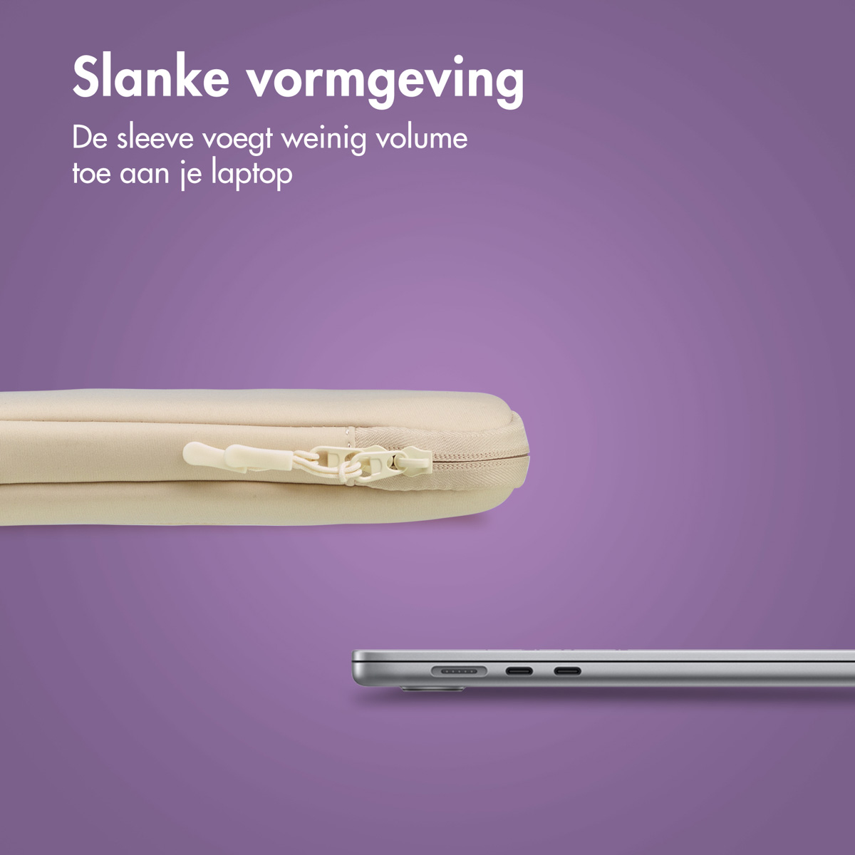 Laptop sleeve, cream-colored, zipped, on purple background. A silver laptop is at the bottom.