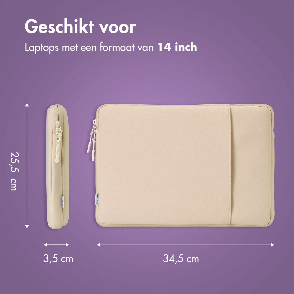 Beige laptop sleeve with dimensions. Side view shows thickness. Text indicates it's for 14-inch laptops.
