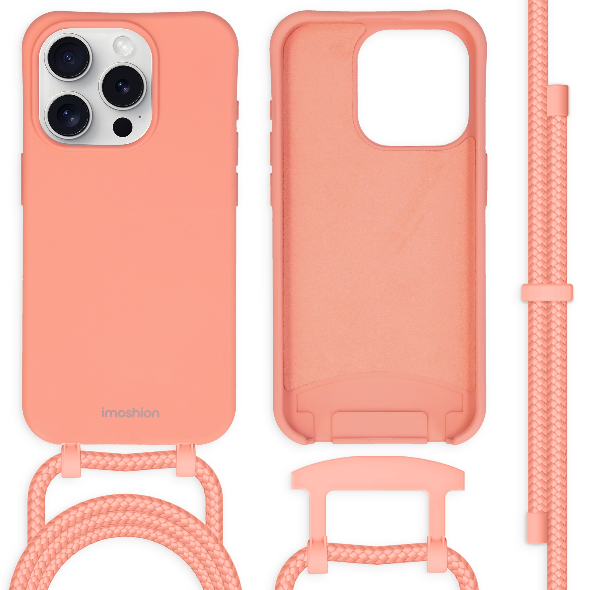 Perzik kleurige telefoonhoes met bijpassende band en accessoires, voor- en achterkant.