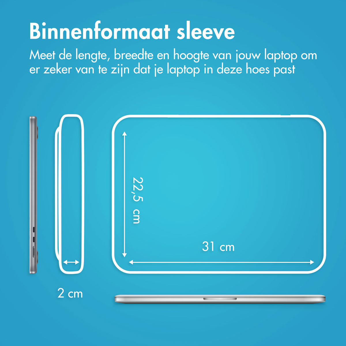 Diagram showing dimensions of a laptop and its sleeve with Dutch text.