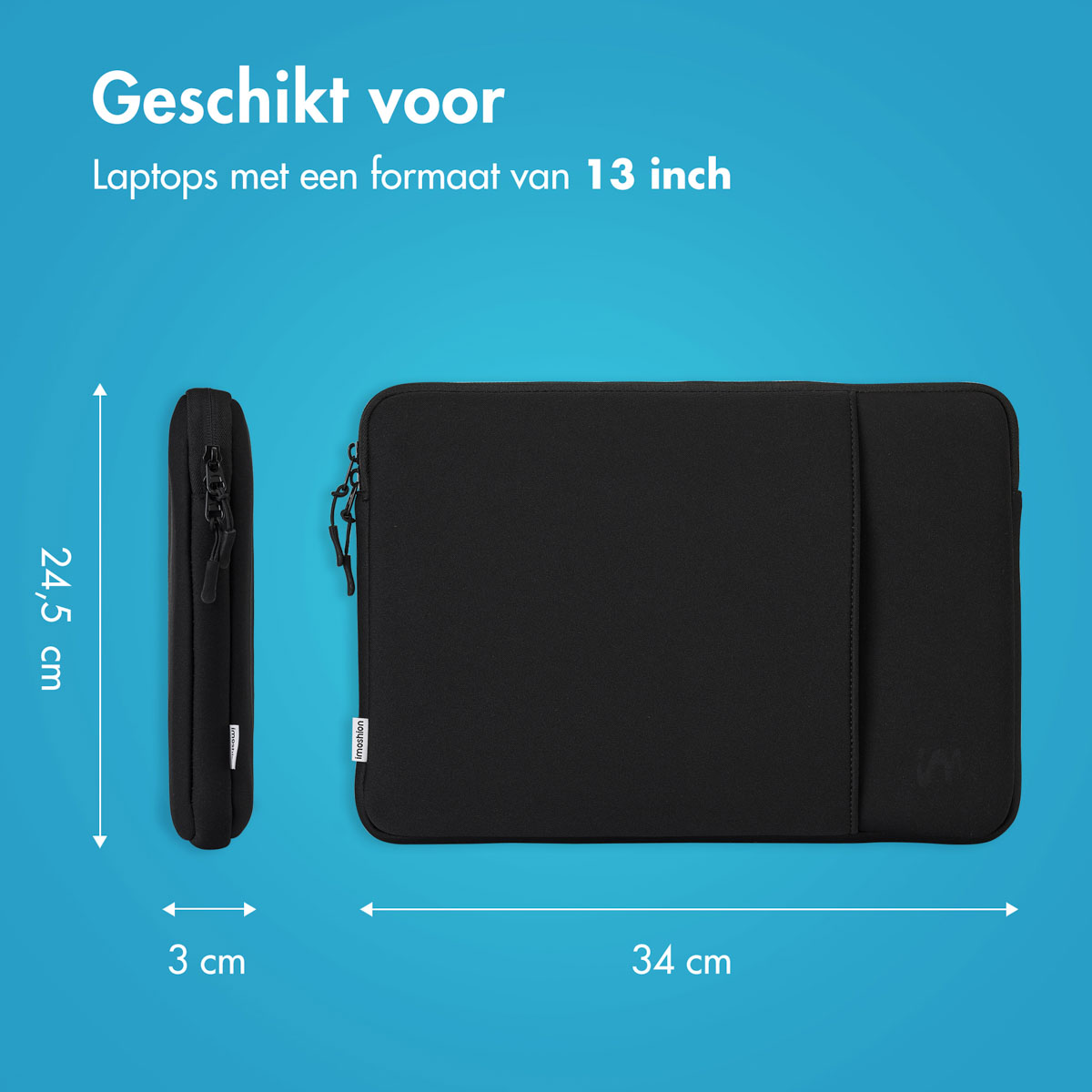 A black laptop sleeve with dimensions: 34cm wide, 24.5cm high, and 3cm thick.