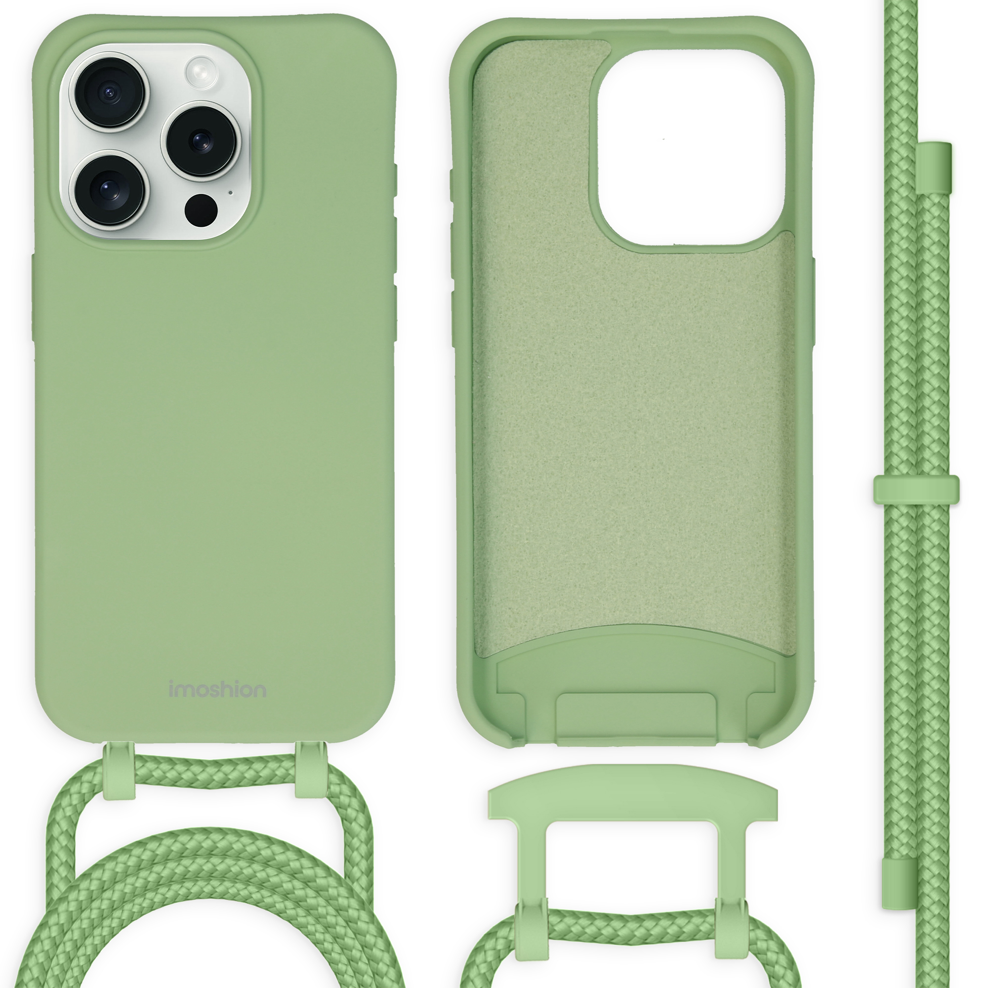 Groene telefoonhoes met een groen koord. De hoes is open en gesloten getoond.
