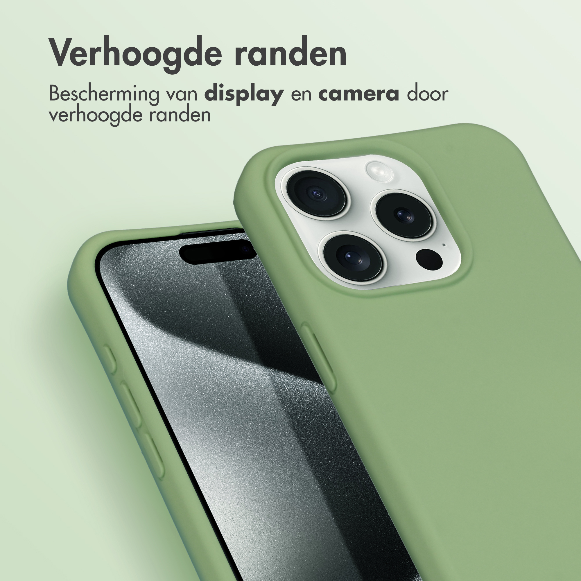 Een groene telefoonhoes die een telefoon beschermt. De cameralenzen zijn zichtbaar.