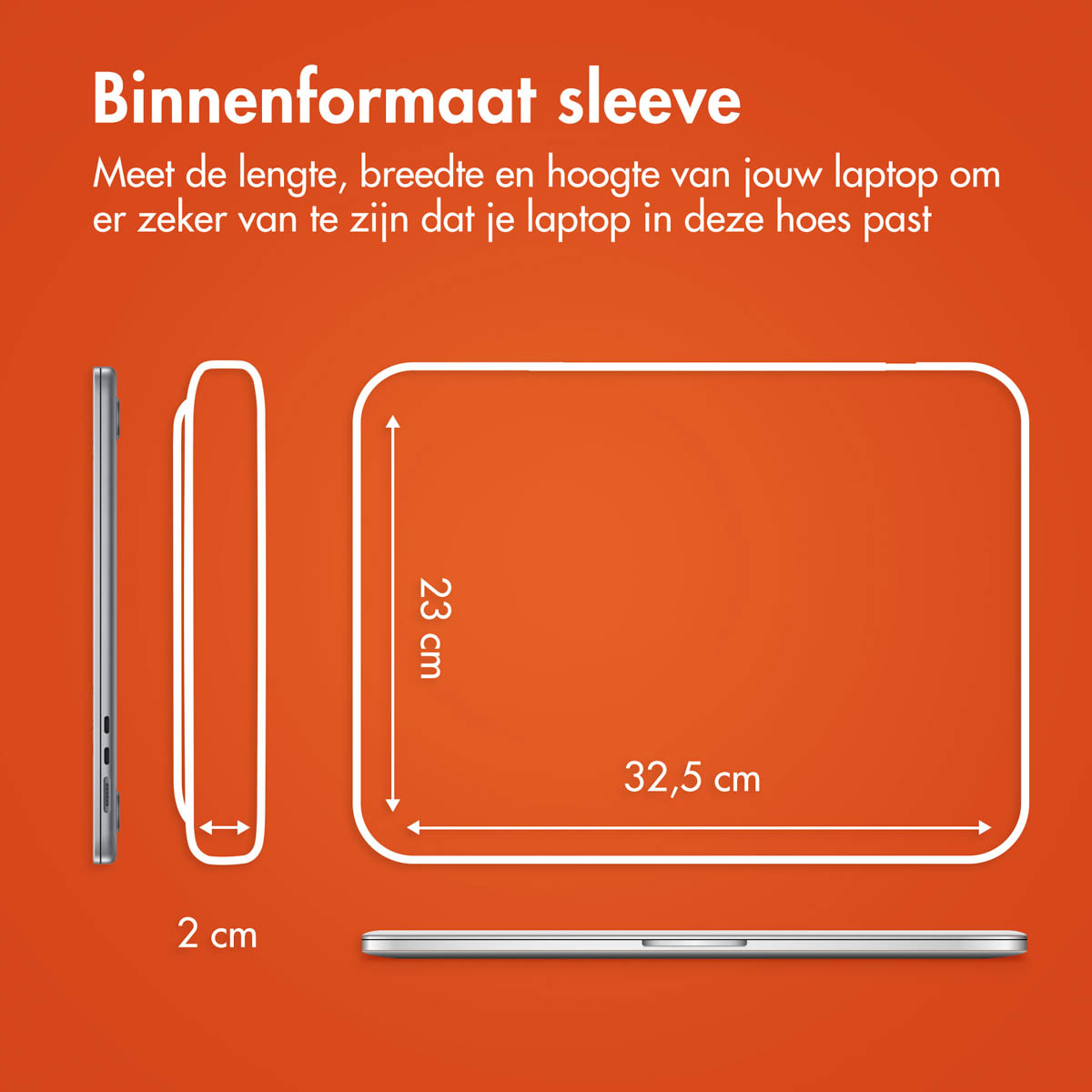 Laptop sleeve dimensions, showing length, width, and height measurements against orange.